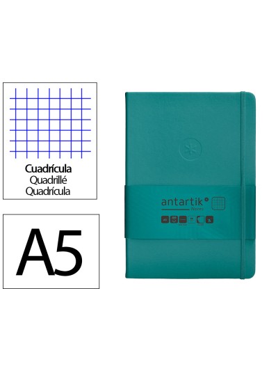 Cuaderno con gomilla antartik notes tapa dura a5 hojas cuadricula verde aguamarina 100 hojas 80 gr