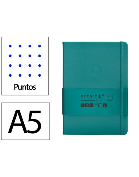 Cuaderno con gomilla antartik notes tapa dura a5 hojas puntos verde aguamarina 100 hojas 80 gr fsc