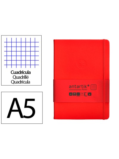 Cuaderno con gomilla antartik notes tapa dura a5 hojas cuadricula rojo 100 hojas 80 gr fsc