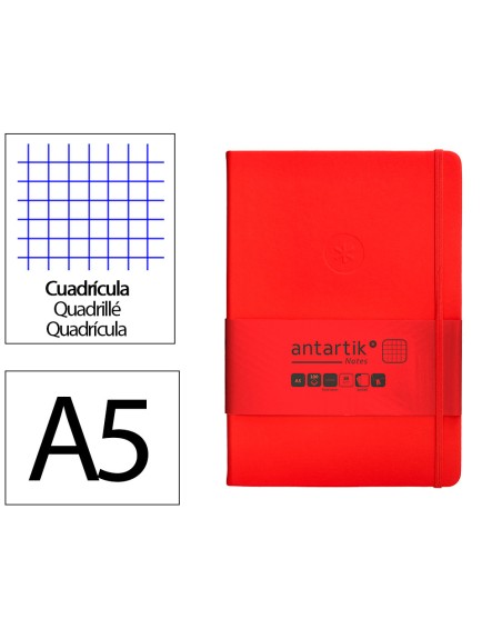 Cuaderno con gomilla antartik notes tapa dura a5 hojas cuadricula rojo 100 hojas 80 gr fsc