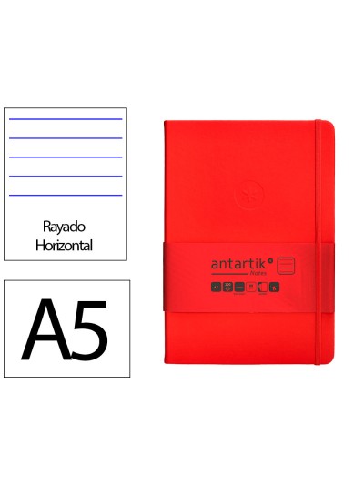 Cuaderno con gomilla antartik notes tapa dura a5 hojas rayas rojo 100 hojas 80 gr fsc