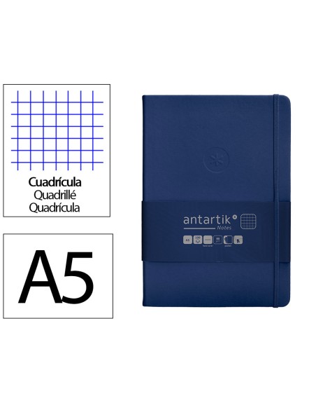 Cuaderno con gomilla antartik notes tapa dura a5 hojas cuadricula azul marino 100 hojas 80 gr fsc