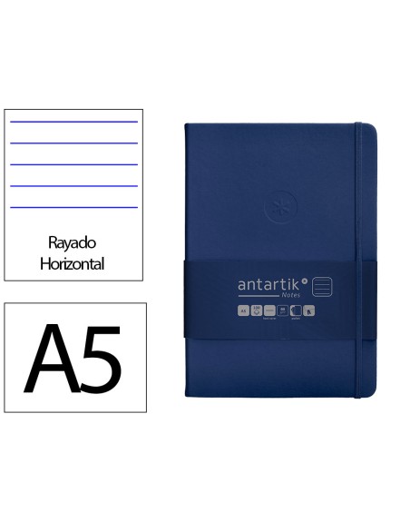 Cuaderno con gomilla antartik notes tapa dura a5 hojas rayas azul marino 100 hojas 80 gr fsc