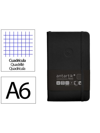 Cuaderno con gomilla antartik notes tapa dura a6 hojas cuadricula negro 100 hojas 80 gr fsc