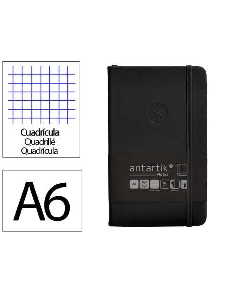 Cuaderno con gomilla antartik notes tapa dura a6 hojas cuadricula negro 100 hojas 80 gr fsc