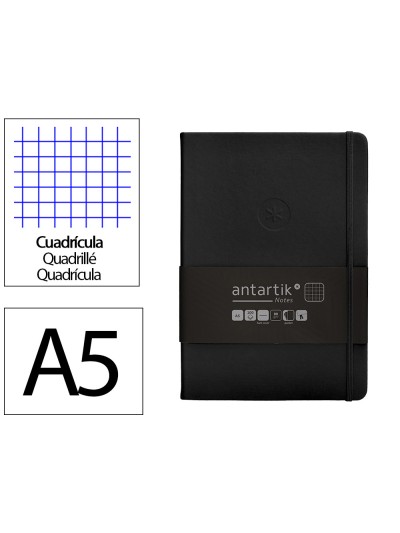 Cuaderno con gomilla antartik notes tapa dura a5 hojas cuadricula negro 100 hojas 80 gr fsc