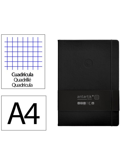 Cuaderno con gomilla antartik notes tapa dura a4 hojas cuadricula negro 100 hojas 80 gr fsc