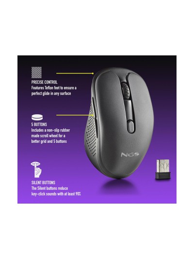 Raton ngs evo rust optico 800/1200/1600 dpi inalambrico 5 botones teclas silenciosas receptor usb 2,4 ghz negro