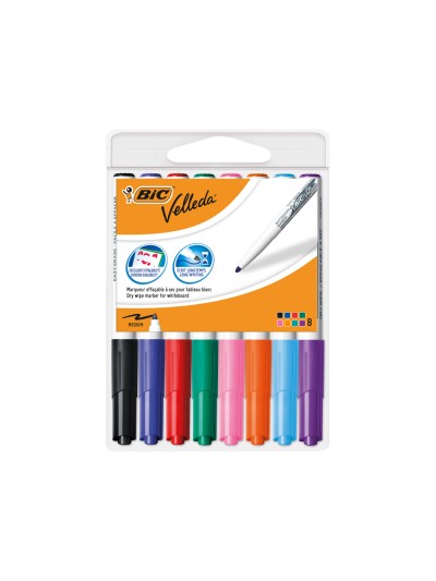 Rotulador bic velleda para pizarra punta redonda 2 mm bolsa de 8 unidades colores surtidos