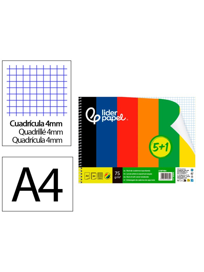Cuaderno espiral liderpapel din a4 smart tapa blanda 80h 75gr cuadro 4 mm con margen pack 5+1 colores surtidos Cuaderno espiral liderpapel din a4 smart tapa blanda 80h 75gr cuadro 4 mm con margen pack 5+1 colores surtidos