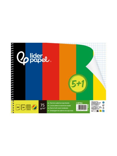 Cuaderno espiral liderpapel din a4 smart tapa blanda 80h 75gr cuadro 4 mm con margen pack 5+1 colores surtidos
