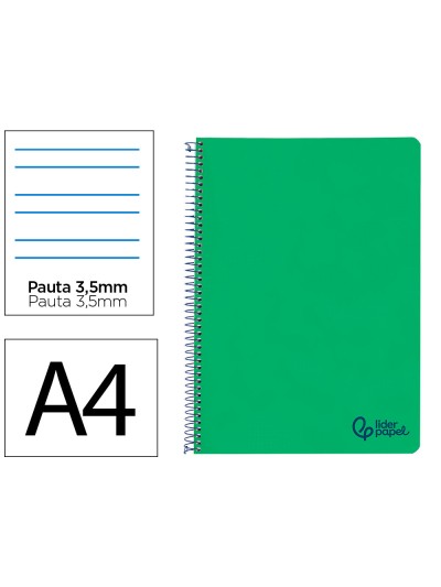 Cuaderno espiral liderpapel a4 wonder tapa plastico 80h 90gr pauta ancha 3,5mm con margen color verde oscuro