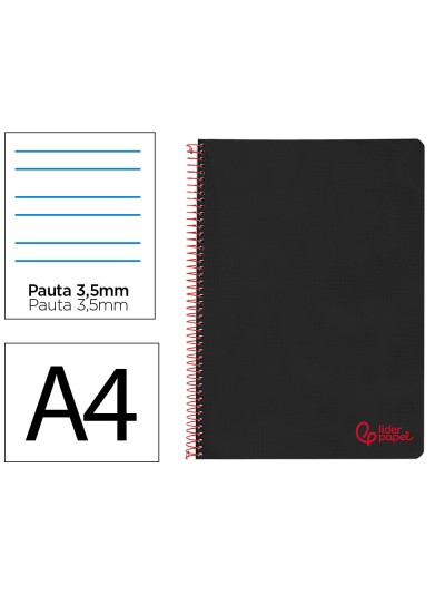 Cuaderno espiral liderpapel a4 wonder tapa plastico 80h 90gr pauta ancha 3,5mm con margen color negro