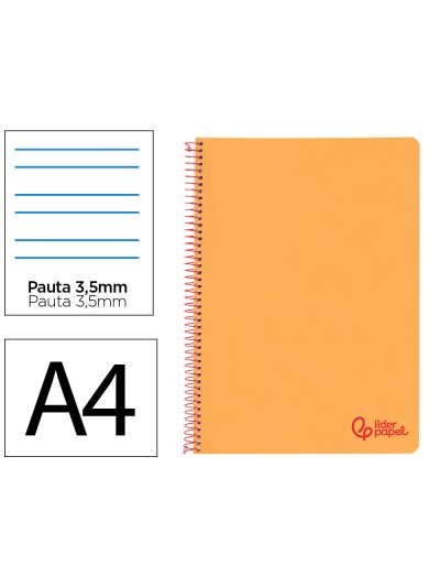 Cuaderno espiral liderpapel a4 wonder tapa plastico 80h 90gr pauta ancha 3,5mm con margen color naranja