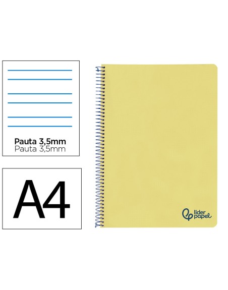 Cuaderno espiral liderpapel a4 wonder tapa plastico 80h 90gr pauta ancha 3,5mm con margen color amarillo