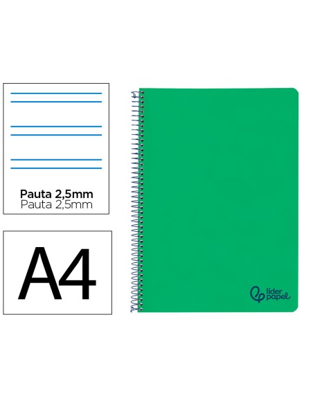 Cuaderno espiral liderpapel a4 wonder tapa plastico 80h 90gr pauta estrecha 2,5mm con margen color verde oscuro