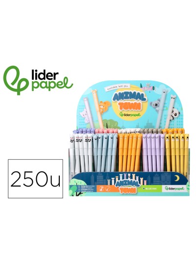 Boligrafo fantasia liderpapel animal town tinta azul borrable punta 1 mm expositor de 250 unidades 300x138x292 mm