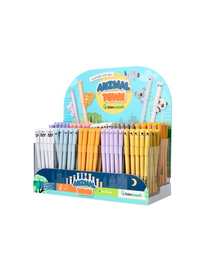 Boligrafo fantasia liderpapel animal town tinta azul borrable punta 1 mm expositor de 250 unidades 300x138x292 mm