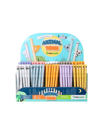 Boligrafo fantasia liderpapel animal town tinta azul borrable punta 1 mm expositor de 250 unidades 300x138x292 mm