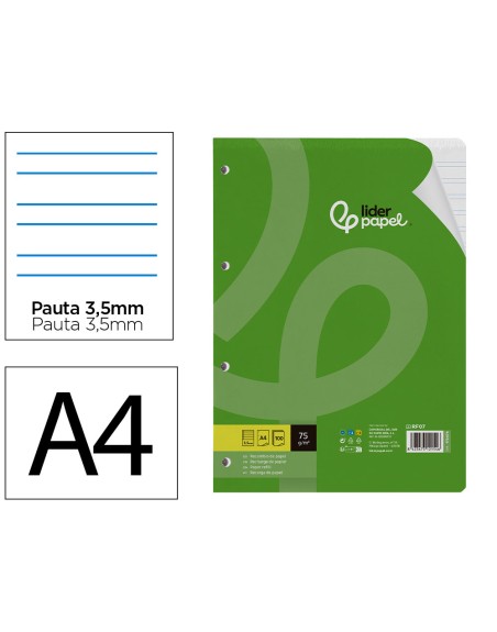 Recambio liderpapel din a4 100 hojas 75 gr pauta 4 3.5mm con margen 4 taladros