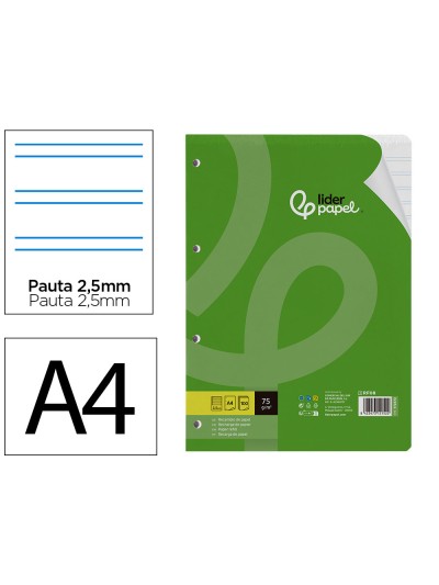 Recambio liderpapel a4 100 hojas 75 gr pauta 5 2.5mm con margen 4 taladros