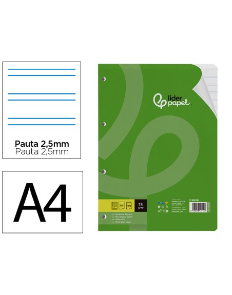 Recambio liderpapel a4 100 hojas 75 gr pauta 5 2.5mm con margen 4 taladros
