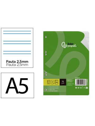 Recambio liderpapel a5 100 hojas 75 gr pauta 5 2.5mm con margen 6 taladros