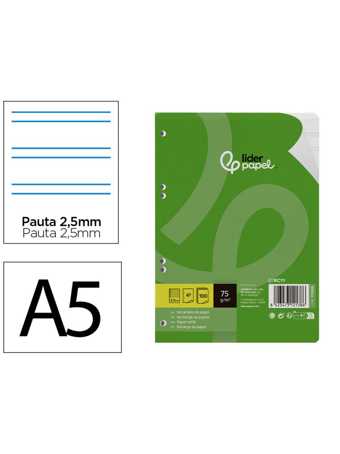 Recambio liderpapel a5 100 hojas 75 gr pauta 5 2.5mm con margen 6 taladros Recambio liderpapel a5 100 hojas 75 gr pauta 5 2.5mm con margen 6 taladros