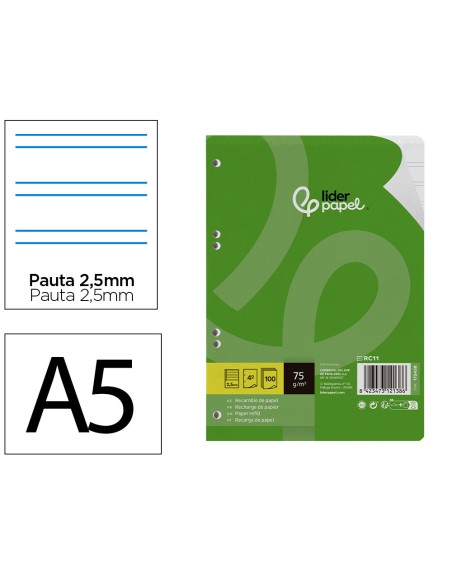 Recambio liderpapel a5 100 hojas 75 gr pauta 5 2.5mm con margen 6 taladros