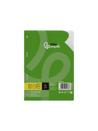 Recambio liderpapel a5 100 hojas 75 gr pauta 5 2.5mm con margen 6 taladros