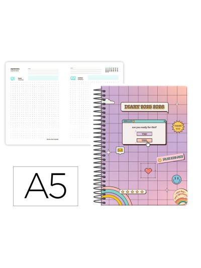 Agenda escolar liderpapel 25-26 espiral pixel morado dia pagina a5 bilingüe papel fsc 80 gr
