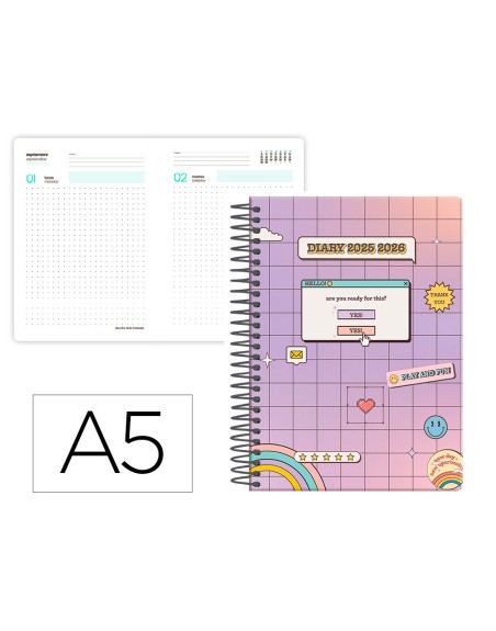 Agenda escolar liderpapel 25-26 espiral pixel morado dia pagina a5 bilingüe papel fsc 80 gr