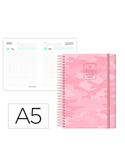 Agenda escolar liderpapel 25-26 espiral patterns militar rosa dia pagina a5 bilingüe papel fsc 80 gr