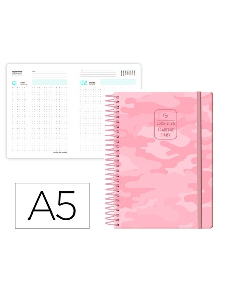 Agenda escolar liderpapel 25-26 espiral patterns militar rosa dia pagina a5 bilingüe papel fsc 80 gr