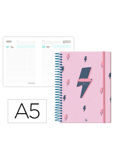 Agenda escolar liderpapel 25-26 espiral patterns rayos rosa dia pagina a5 bilingüe papel fsc 80 gr