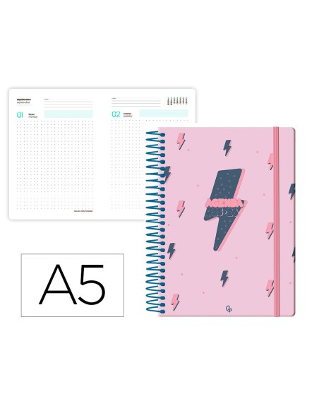 Agenda escolar liderpapel 25-26 espiral patterns rayos rosa dia pagina a5 bilingüe papel fsc 80 gr