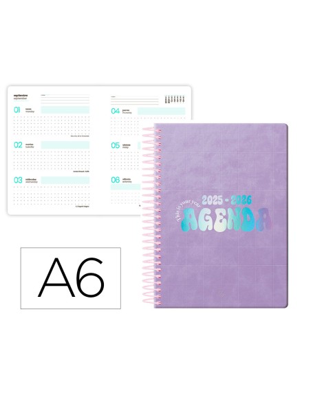 Agenda escolar liderpapel 25-26 espiral kymolos dia pagina a6 bilingüe papel fsc 80 gr