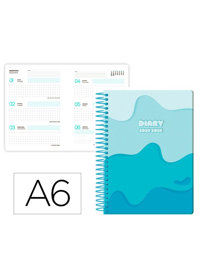 Agenda escolar liderpapel 25-26 espiral melting azul semana vista a6 bilingüe papel fsc 80 gr Agenda escolar liderpapel 25-26 espiral melting azul semana vista a6 bilingüe papel fsc 80 gr
