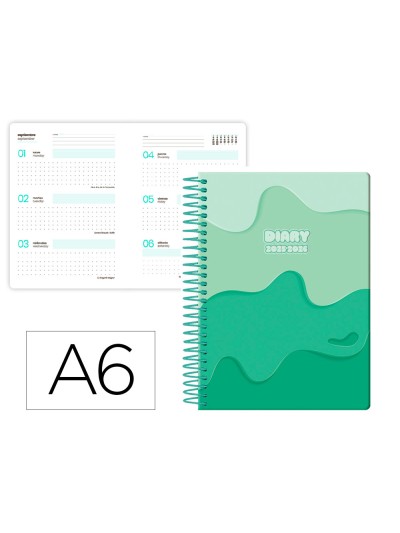 Agenda escolar liderpapel 25-26 espiral melting verde semana vista a6 bilingüe papel fsc 80 gr