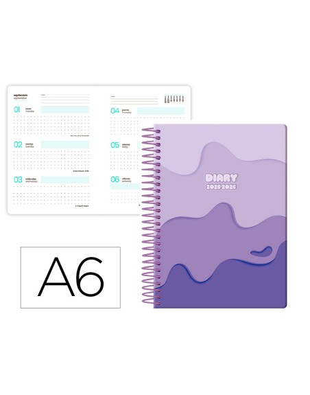 Agenda escolar liderpapel 25-26 espiral melting morado semana vista a6 bilingüe papel fsc 80 gr