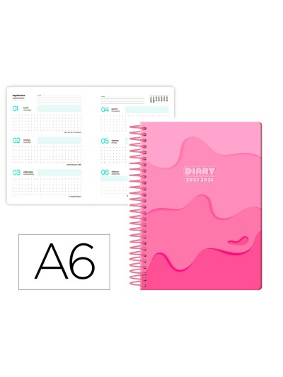 Agenda escolar liderpapel 25-26 espiral melting rosa semana vista a6 bilingüe papel fsc 80 gr