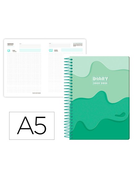 Agenda escolar liderpapel 25-26 espiral melting verde dia pagina a5 bilingüe papel fsc 80 gr