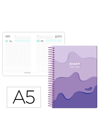 Agenda escolar liderpapel 25-26 espiral melting morado dia pagina a5 bilingüe papel fsc 80 gr
