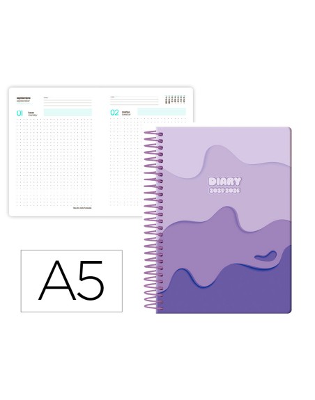 Agenda escolar liderpapel 25-26 espiral melting morado dia pagina a5 bilingüe papel fsc 80 gr