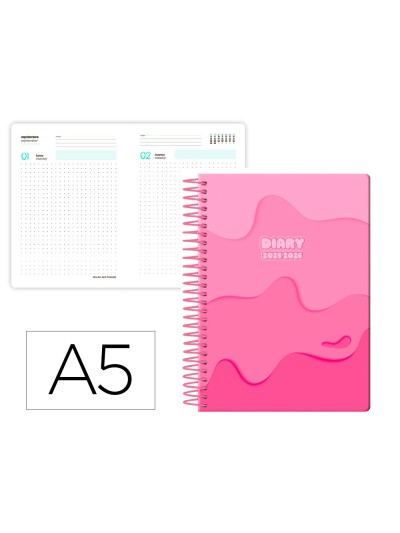 Agenda escolar liderpapel 25-26 espiral melting rosa dia pagina a5 bilingüe papel fsc 80 gr