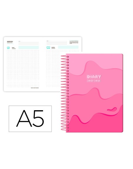 Agenda escolar liderpapel 25-26 espiral melting rosa dia pagina a5 bilingüe papel fsc 80 gr