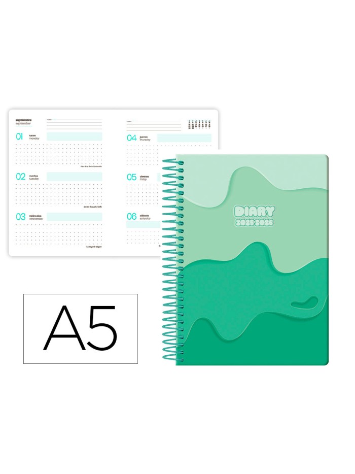 Agenda escolar liderpapel 25-26 espiral melting verde semana vista a5 bilingüe papel fsc 80 gr Agenda escolar liderpapel 25-26 espiral melting verde semana vista a5 bilingüe papel fsc 80 gr