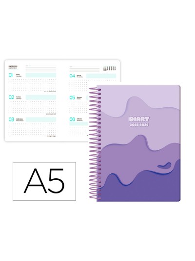 Agenda escolar liderpapel 25-26 espiral melting morado semana vista a5 bilingüe papel fsc 80 gr