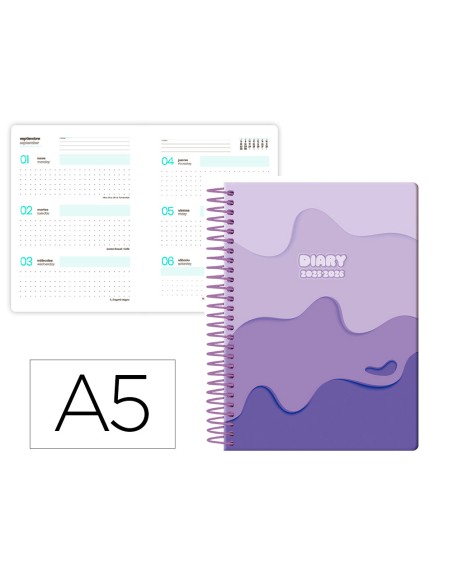 Agenda escolar liderpapel 25-26 espiral melting morado semana vista a5 bilingüe papel fsc 80 gr