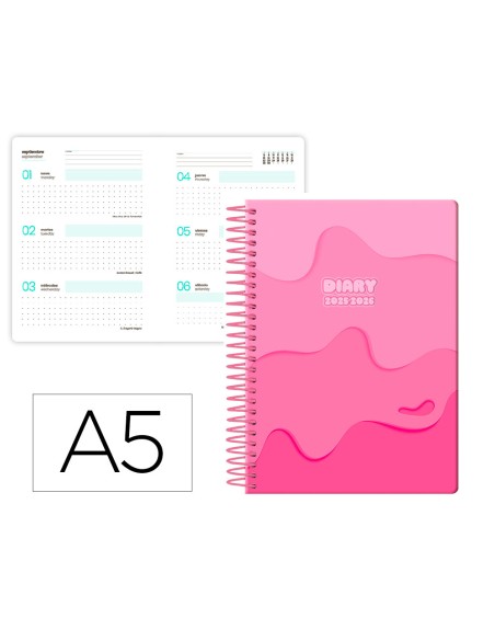 Agenda escolar liderpapel 25-26 espiral melting rosa semana vista a5 bilingüe papel fsc 80 gr